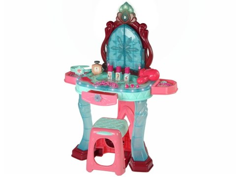 ZESTAW PIĘKNOŚCI TOALETKA Z LUSTREM ŚWIATŁA DŹWIĘK BIŻUTERIA CIEMNY RÓŻ