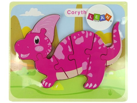 DREWNIANE PUZZLE DINOZAUR CORYTHOSAURUS RÓŻOWY SPINOSAURUS FIOLETOWY