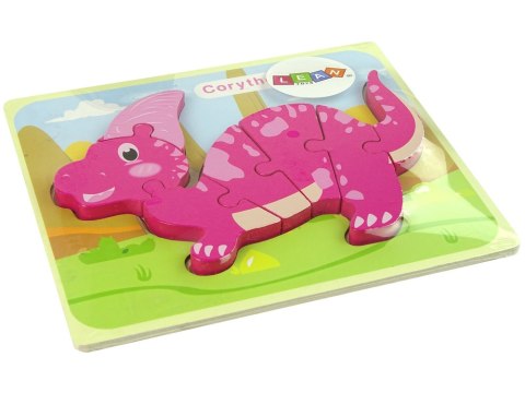DREWNIANE PUZZLE DINOZAUR CORYTHOSAURUS RÓŻOWY SPINOSAURUS FIOLETOWY