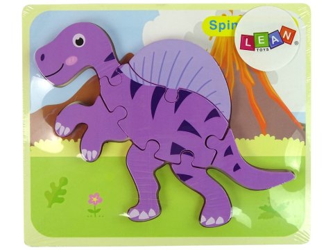 DREWNIANE PUZZLE DINOZAUR CORYTHOSAURUS RÓŻOWY SPINOSAURUS FIOLETOWY