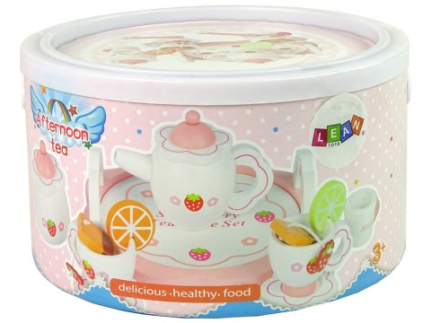 DREWNIANY ZESTAW DO HERBATĘ RÓŻOWY KWIATKI DZBANEK TACA