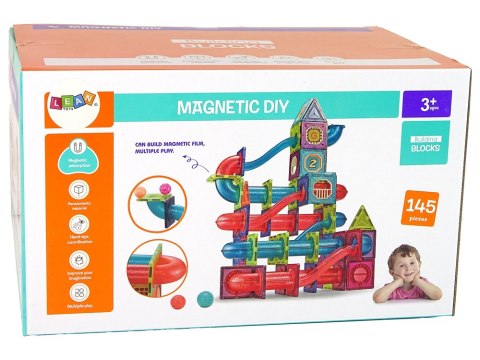 MAGNETYCZNE KLOCKI BLOCZKI 145 ELEMENTÓW 3D ZJEŻDŻALNIA DLA PIŁEK