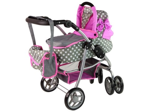 WÓZEK DLA LALEK SPACERÓWKA 2 W 1 GONDOLA TORBA RÓŻOWY GWIAZDKI