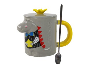 KUBEK CERAMICZNY Z POKRYWKĄ SZARY DINOZAUR 400 ML