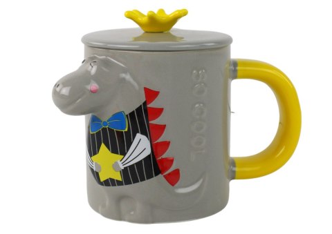 KUBEK CERAMICZNY Z POKRYWKĄ SZARY DINOZAUR 400 ML