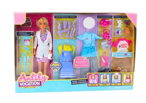 LALKA ANLILY 4W1 LEKARZ FRYZJER KUCHARKA ZWIERZĘTA UBRANIA AKCESORIA