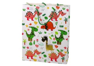 PAPIEROWA TORBA PREZENTOWA KOLOROWE DINOZAURY PALMY 32 CM X 26 CM X 10 CM
