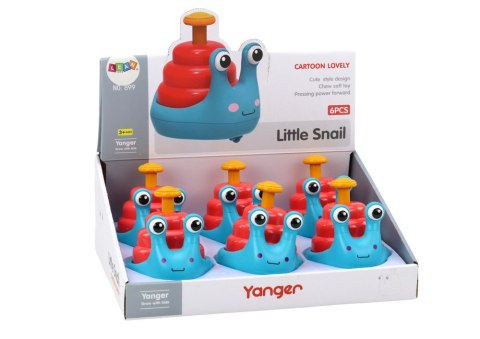 WESOŁY ŚLIMAK NA KÓŁKACH JEŻDŻĄCY NIEBIESKO-CZERWONY