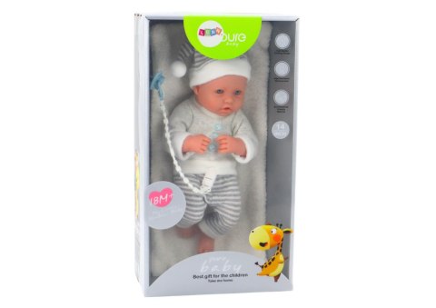 LALKA BOBAS W BIAŁO-SZARYM UBRANKU W PASKI CZAPECZKA SMOCZEK KOŁDERKA