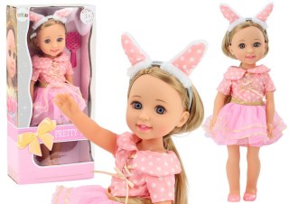 LALKA RÓŻOWA SUKIENKA DŁUGIE WŁOSY OPASKA SZCZOTKA 38CM