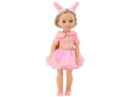 LALKA RÓŻOWA SUKIENKA DŁUGIE WŁOSY OPASKA SZCZOTKA 38CM