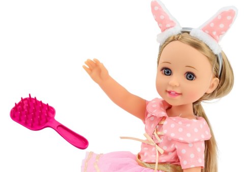 LALKA RÓŻOWA SUKIENKA DŁUGIE WŁOSY OPASKA SZCZOTKA 38CM