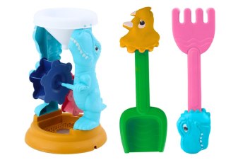 ZESTAW ZABAWEK DO PIASKU MŁYNEK ŁOPATKA GRABKI FOREMKI DINOZAURY