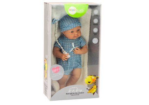 LALKA BOBAS W NIEBIESKIM UBRANKU CZAPECZKA SMOCZEK KOŁDERKA