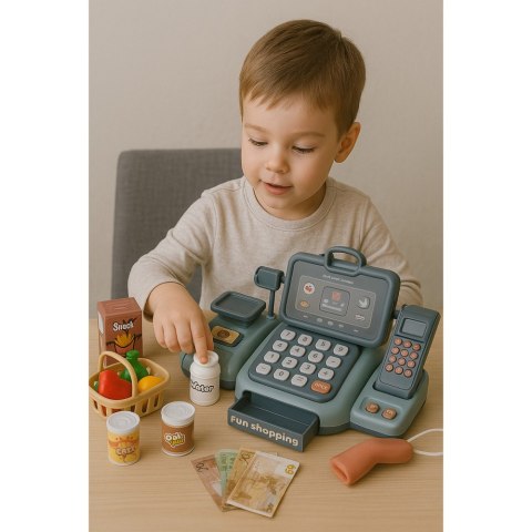 ZESTAW KASA SKLEPOWA PRODUKTY SPOŻYWCZE SKANER KOSZYK 24 EL