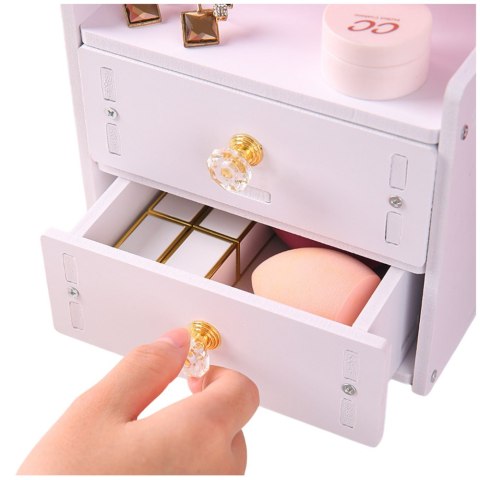 MINI TOALETKA LUSTERKO DO MAKIJAŻU DWIE SZUFLADY USZY DREWNIANA BIAŁA