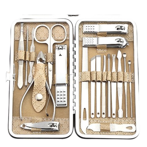 ZESTAW DO MANICURE I PEDICURE W ETUI PRZYBORNIK BEŻOWY 20EL