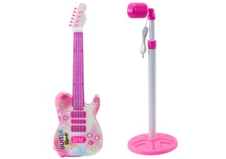 ZESTAW GITARA ELEKTRYCZNA STATYW Z MIKROFONEM NA BATERIE RÓŻOWE