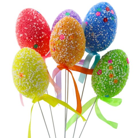 JAJKA WIELKANOCNE NA PIKU DRUCIKU KOLOROWE BIAŁE WZORKI WSTĄŻKA OZDOBA 6SZT