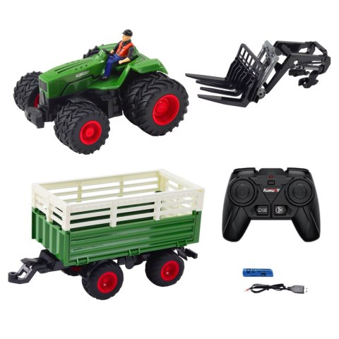 TRAKTOR ROLNICZY Z PRZYCZEPĄ I WIDŁAMI PODWÓJNE KOŁA ZDALNIE STEROWANY RC