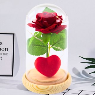 WIECZNA RÓŻA W KOPULE Z OŚWIETLENIEM LED CZERWONA Z SERDUSZKIEM 14X8CM