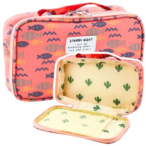 PIÓRNIK SZKOLNY ORGANIZER KOSMETYCZKA DODATKOWA KIESZONKA RYBY RÓŻOWY 22,5CM
