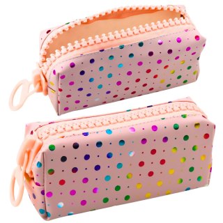 PIÓRNIK SZKOLNY ORGANIZER W KOLOROWE KROPKI DUŻY SUWAK RÓŻOWY 21X8CM