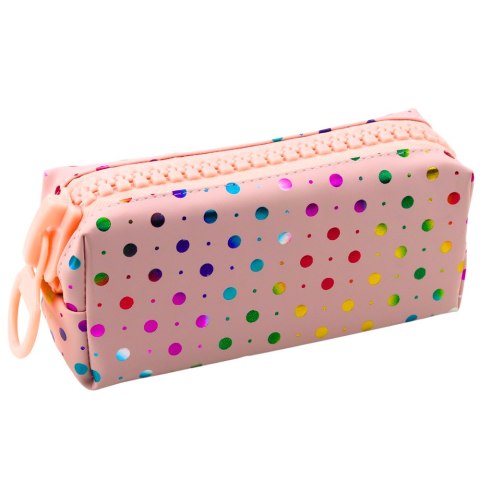 PIÓRNIK SZKOLNY ORGANIZER W KOLOROWE KROPKI DUŻY SUWAK RÓŻOWY 21X8CM