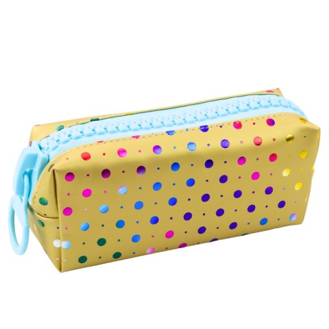 PIÓRNIK SZKOLNY ORGANIZER W KOLOROWE KROPKI DUŻY SUWAK ZŁOTY 21X8CM