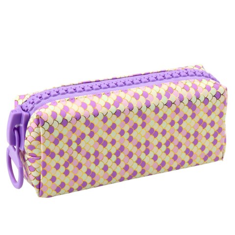PIÓRNIK SZKOLNY ORGANIZER WZÓR ŁUSEK SYRENICH DUŻY SUWAK FIOLETOWY 21X8CM