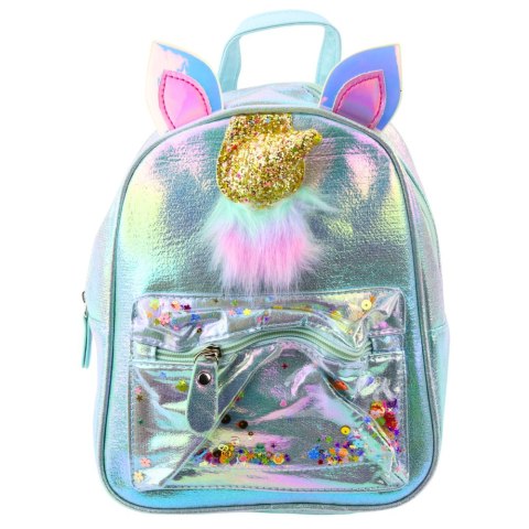PLECAK DZIECIĘCY Z ROGIEM JEDNOROŻCA RUCHOME KONFETTI NIEBIESKI 25CM 4,5L