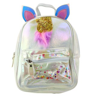 PLECAK DZIECIĘCY Z ROGIEM JEDNOROŻCA RUCHOME KONFETTI PERŁOWY 25CM 4,5L