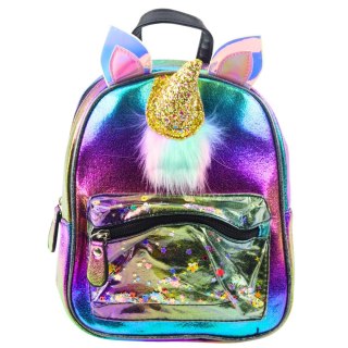PLECAK DZIECIĘCY Z ROGIEM JEDNOROŻCA RUCHOME KONFETTI TĘCZOWY 25CM 4,5L