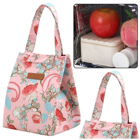 TORBA TERMICZNA IZOLACYJNA ŚNIADANIOWA LUNCH BAG RÓŻOWA KWIATY 25CM