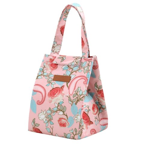TORBA TERMICZNA IZOLACYJNA ŚNIADANIOWA LUNCH BAG RÓŻOWA KWIATY 25CM
