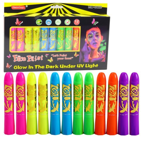 ZESTAW DO MALOWANIA TWARZY PISAKI KREDKI NEONOWE UV FLUORESCENCYJNE 12SZT