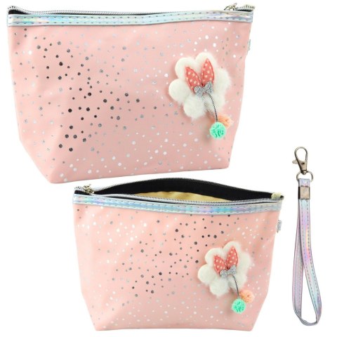 PIÓRNIK KOSMETYCZKA KOKARDKA BŁYSZCZĄCE KROPKI PUDROWY RÓŻ 23X16CM