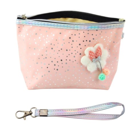 PIÓRNIK KOSMETYCZKA KOKARDKA BŁYSZCZĄCE KROPKI PUDROWY RÓŻ 23X16CM