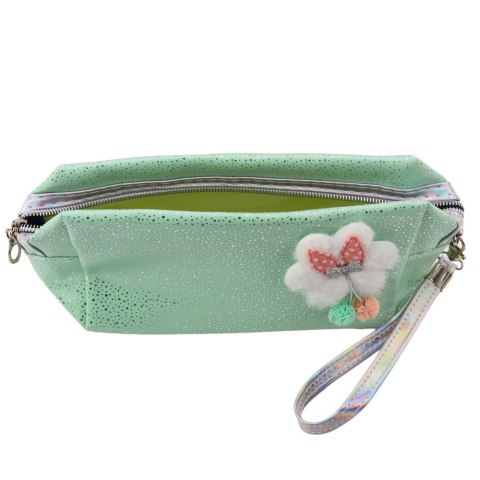 PIÓRNIK KOSMETYCZKA KOKARDKA POŁYSKUJĄCE DROBINKI TURKUSOWY MIĘTOWY