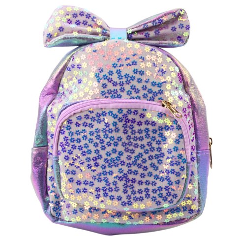 PLECAK DZIECIĘCY Z CEKINAMI W KWIATKI KOKARDA FIOLETOWY 22CM 2,8L