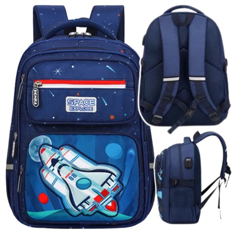 PLECAK SZKOLNY DZIECIĘCY PAS PIERSIOWY GRANATOWY RAKIETA KOSMOS 20L 41CM