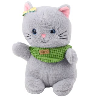 PLUSZOWA MASKOTKA PRZYTULANKA KOT SZARY ZIELONA APASZKA KOKARDKA 22CM