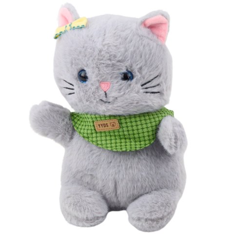PLUSZOWA MASKOTKA PRZYTULANKA KOT SZARY ZIELONA APASZKA KOKARDKA 22CM