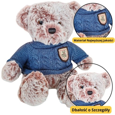 PLUSZOWA MASKOTKA PRZYTULANKA MIŚ SZARY NIEBIESKI SWETEREK 21CM