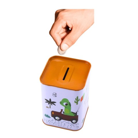 SKARBONKA DINOZAUR W SAMOCHODZIE NAUKA OSZCZĘDZANIA METALOWA 11X8CM