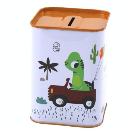 SKARBONKA DINOZAUR W SAMOCHODZIE NAUKA OSZCZĘDZANIA METALOWA 11X8CM