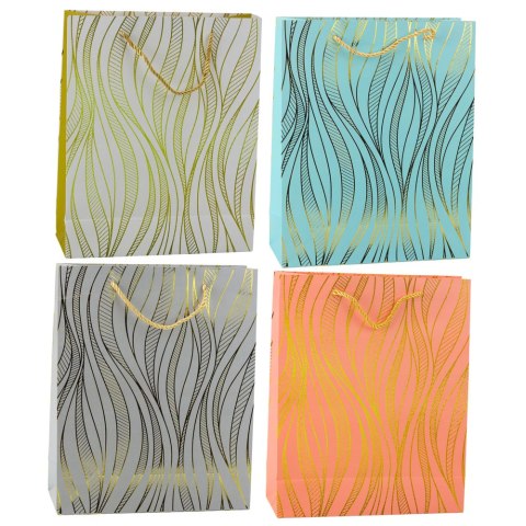 TORBA PREZENTOWA PAPIEROWA LINIE FALISTE ZŁOTE 32 X 26 X 12 CM
