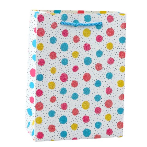 TORBA PREZENTOWA SERCA GWIAZDKI KROPKI PASKI KOLOROWE 23 X 18 X 10,5 CM
