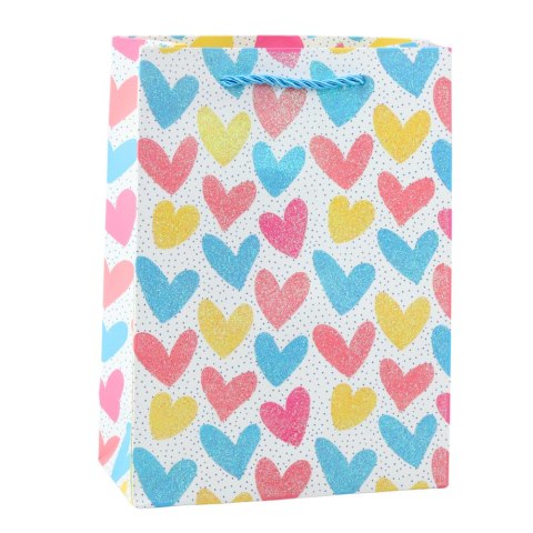TORBA PREZENTOWA SERCA GWIAZDKI KROPKI PASKI KOLOROWE 23 X 18 X 10,5 CM