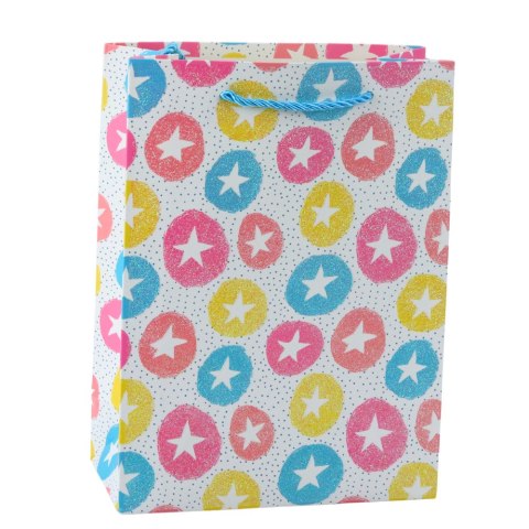 TORBA PREZENTOWA SERCA GWIAZDKI KROPKI PASKI KOLOROWE 23 X 18 X 10,5 CM